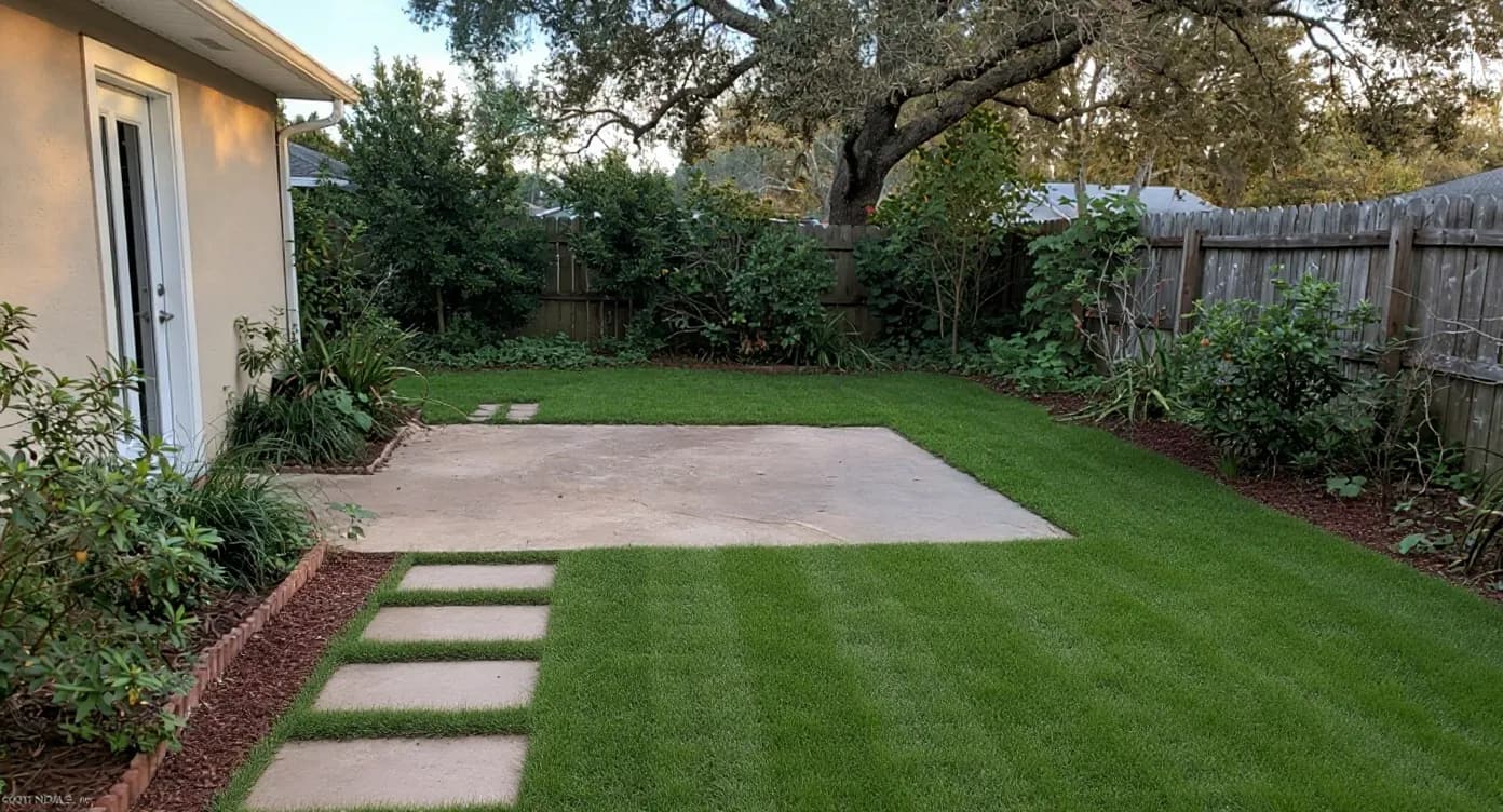 The same property after D&D: a striped, edged, fully kept yard