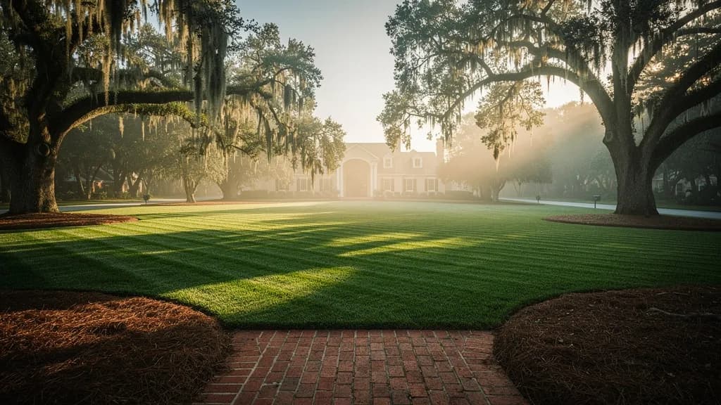 A freshly striped St. Augustine lawn under live oak canopy draped with Spanish moss, early morning in Tallahassee