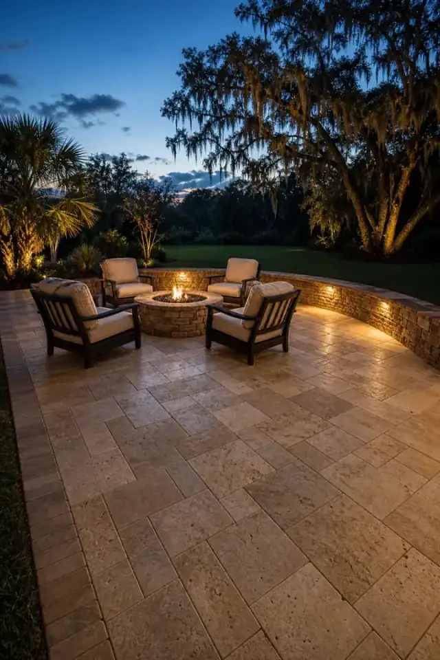 A travertine paver patio with a stacked-stone fire pit and a curved seating wall at dusk