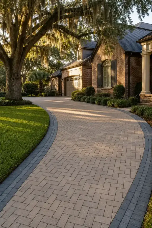 A herringbone paver driveway with a charcoal soldier-course border