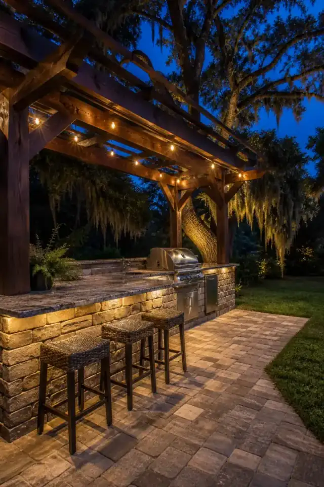 An outdoor kitchen in stacked stone under a cedar pergola strung with lights