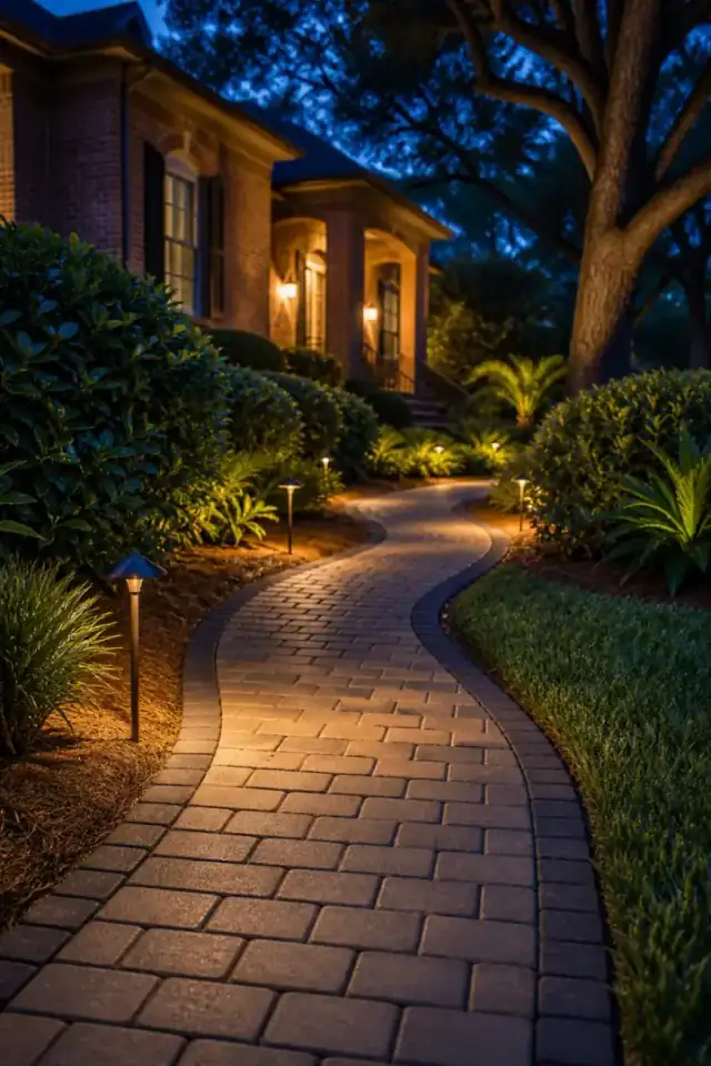 A curved paver walkway lit by low bronze path lights through planted beds