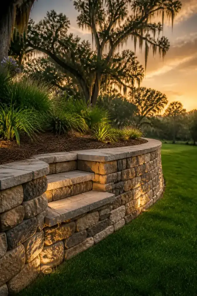 A curved retaining wall with a flagstone cap and paver steps set into it