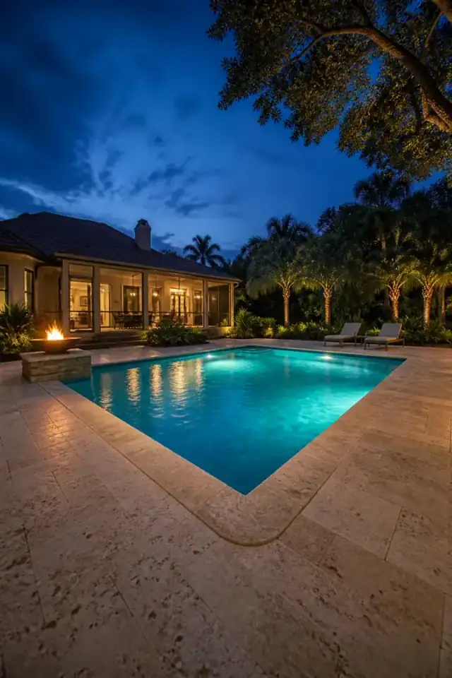 A lit pool with a travertine deck and a stone fire bowl at blue hour