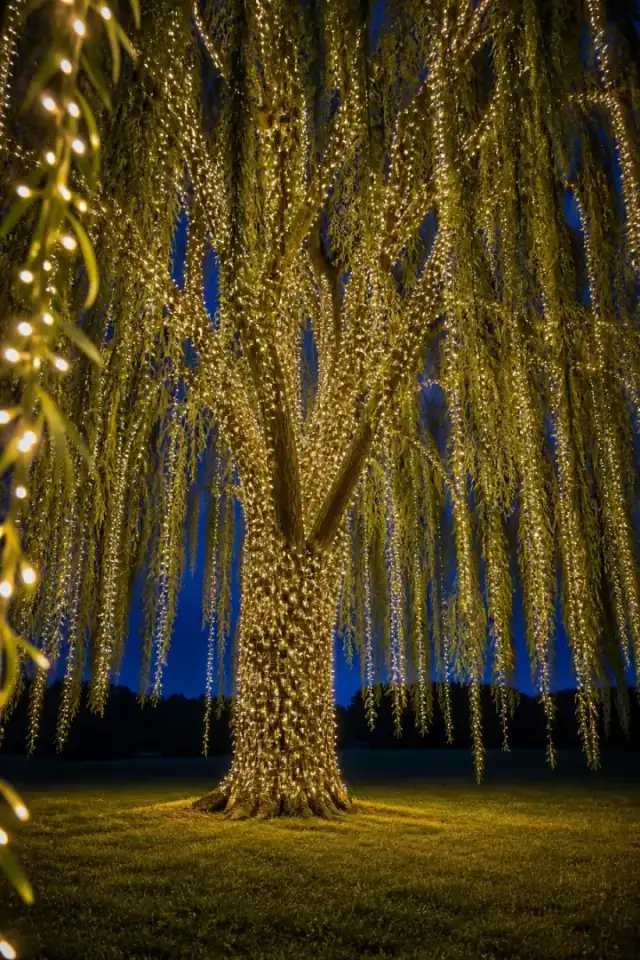 A weeping willow with every trailing strand threaded in clear warm lights