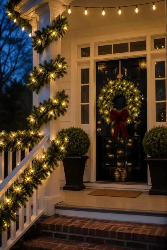 Garland and a lit wreath with a red bow on a Southern front porch
