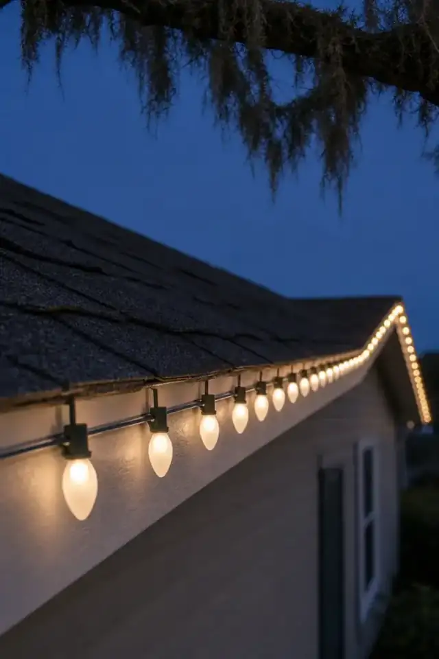 A straight run of warm white bulbs clipped along a shingle edge