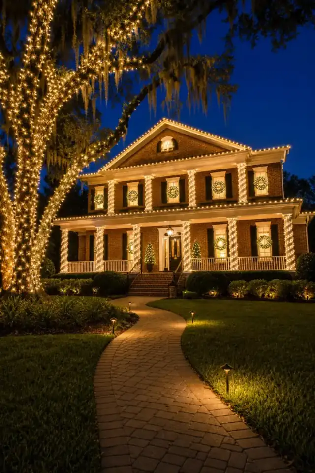 A two-storey Southern home lit on every roofline with a live oak wrapped beside it
