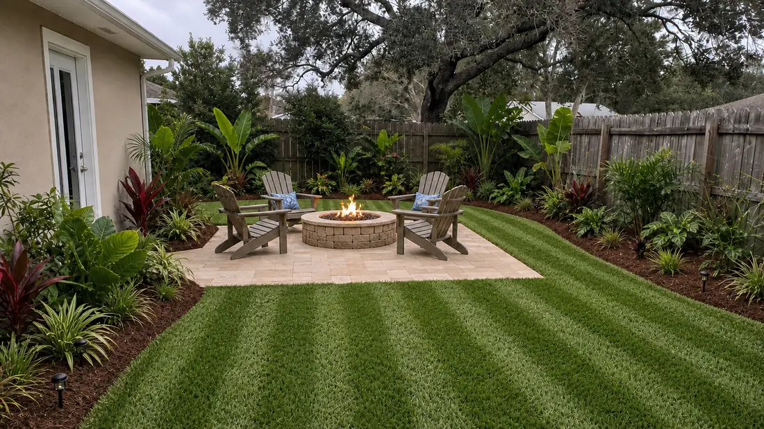 The same yard rendered with new sod, a paver patio and a fire pit