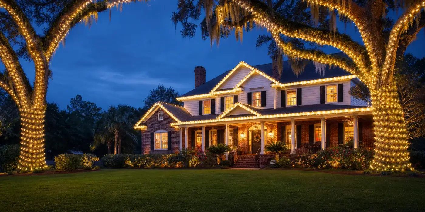 A North Florida home at dusk with warm white lights along every roofline and two live oaks wrapped to the limbs