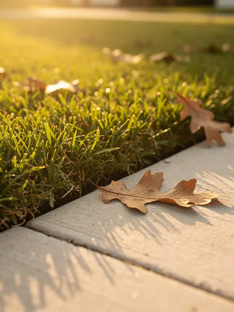 A freshly mown lawn edge against a clean concrete walk in low golden light