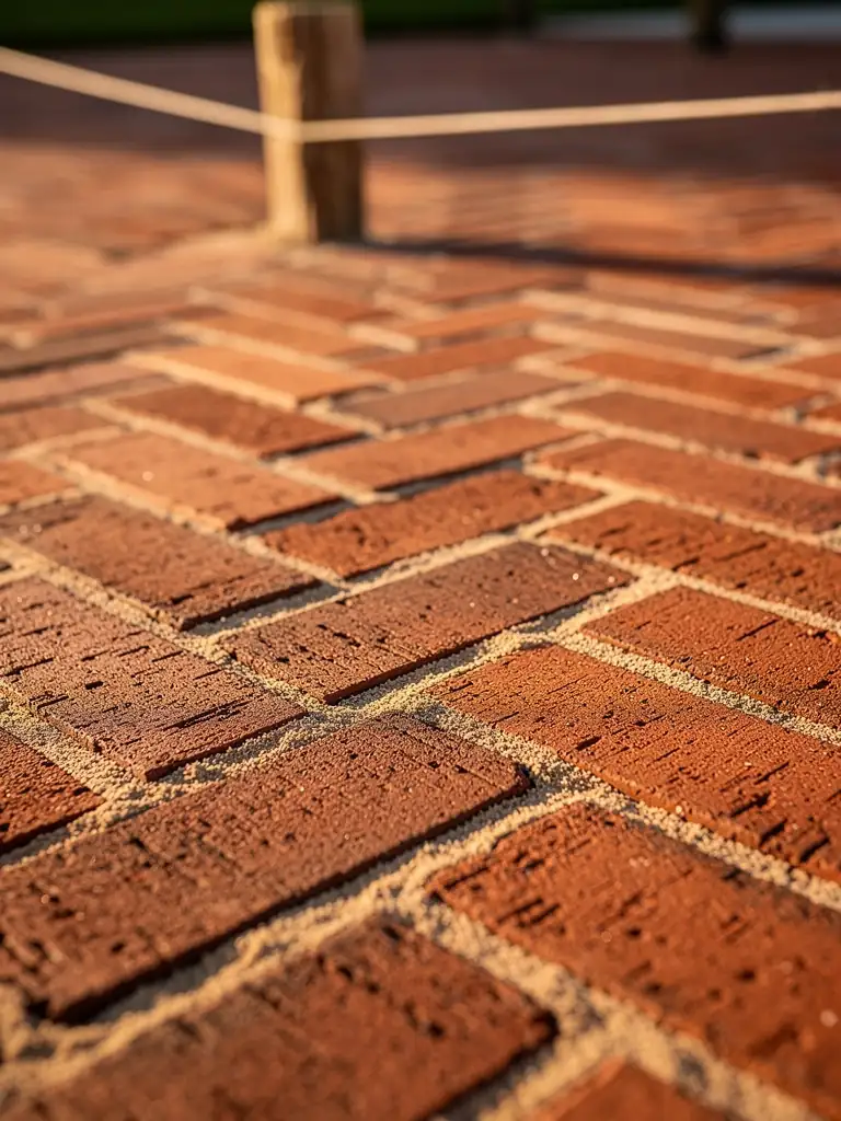 A clay brick paver patio laid in a tight herringbone pattern with swept sand joints