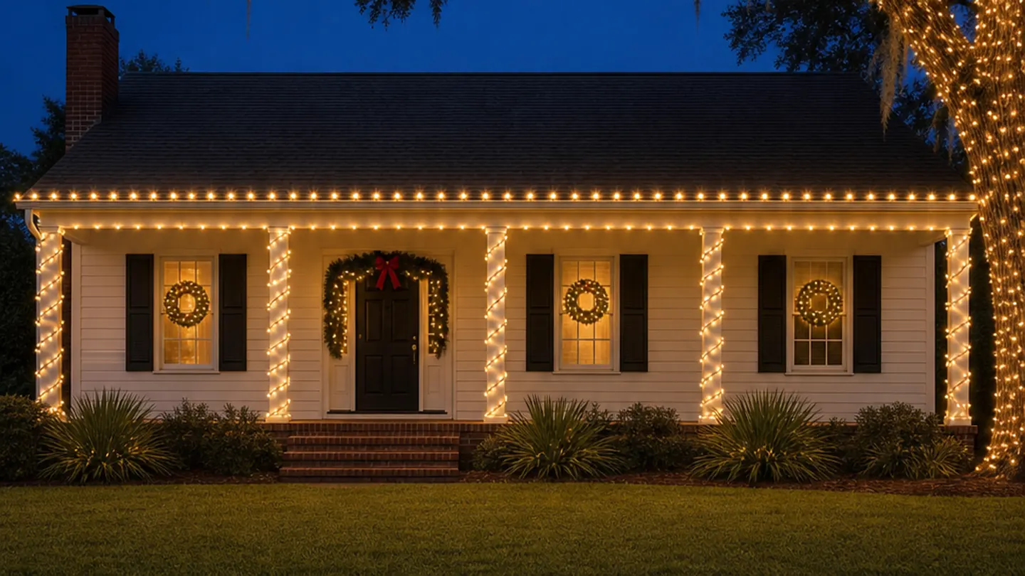 The same house and oak with warm white lights on every roofline, column and limb