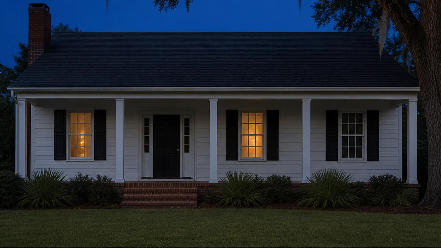 A North Florida ranch house and its live oak at dusk, undecorated